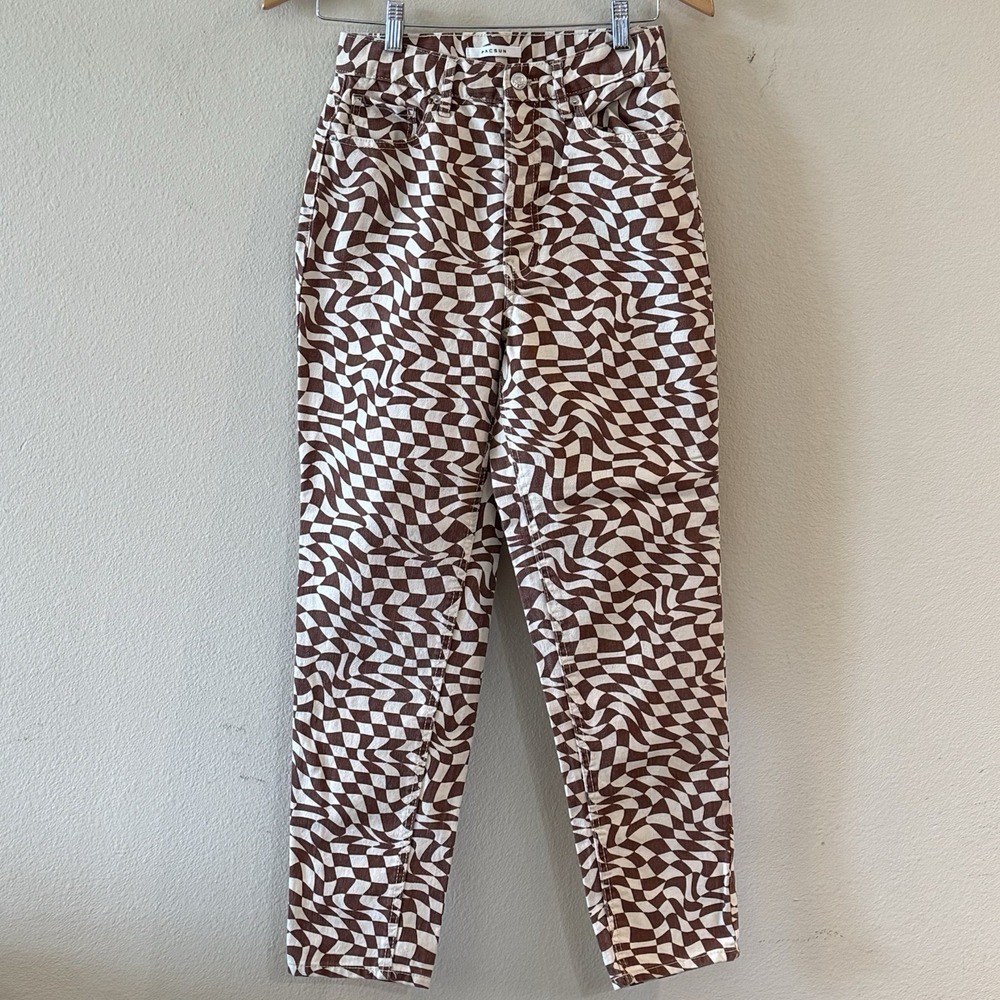 PacSun Optical‎ Illusion Checkerboard Jeans Brown Cream Ultra High Rise Slim 26